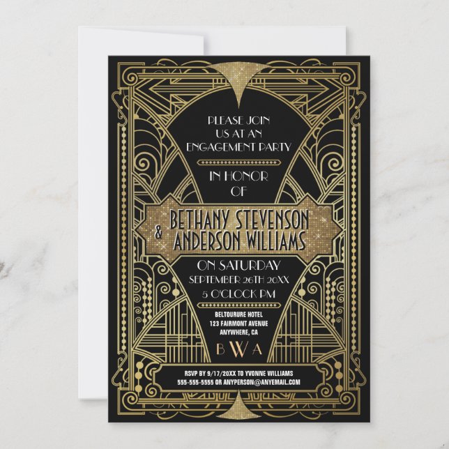 Invitaciones del fiesta de compromiso del art déco (Anverso)