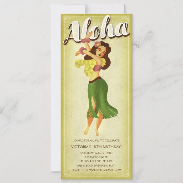 Invitaciones del fiesta de Luau del chica de Hula (Anverso)