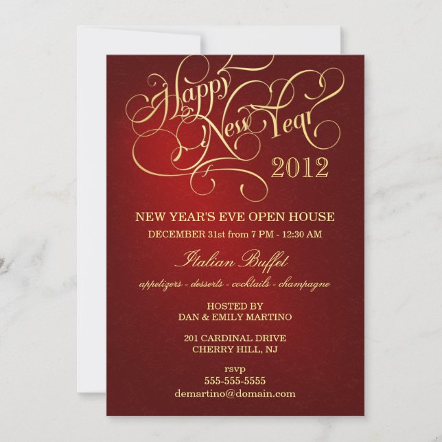 Invitaciones del fiesta de Noche Vieja - rojo (Anverso)