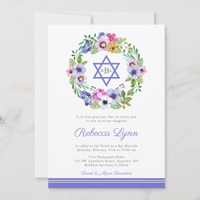 Invitaciones del Floral Wreath Garden Bat Mitzvah (Anverso)