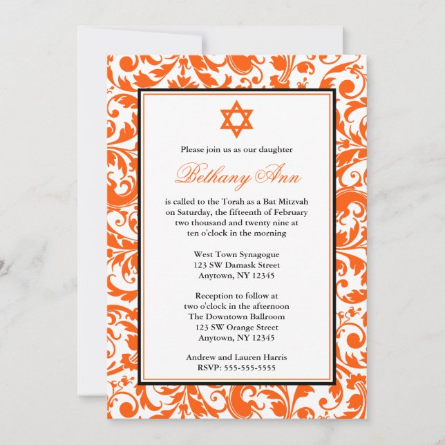 Invitaciones del naranja Swirl Damask Bat Mitzvah (Anverso)