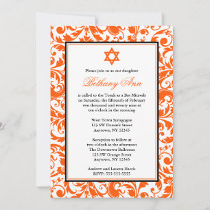 Invitaciones del naranja Swirl Damask Bat Mitzvah