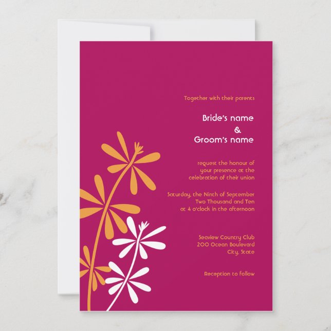 Invitaciones del naranja y de la boda de Fuschia (Anverso)