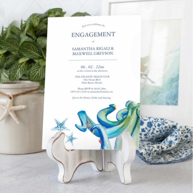 Invitaciones del Partido de Compromiso Náutico Oct (Unique watercolor engagement invitations feature sea creatures art by Victoria Grigaliunas)