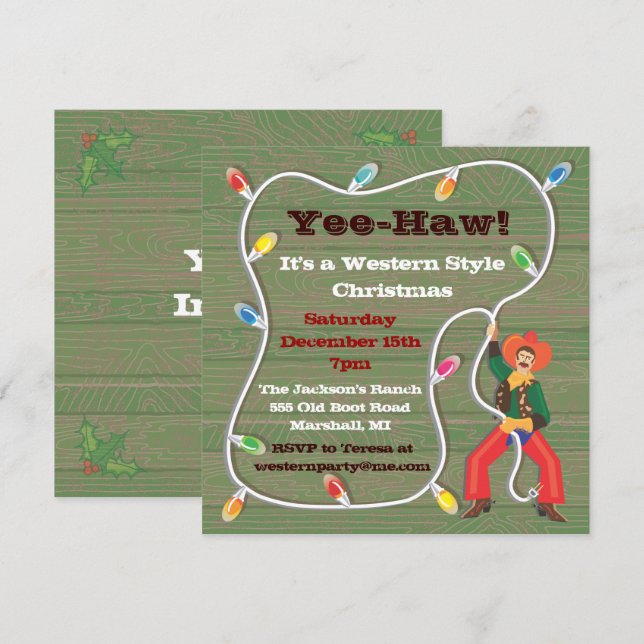 Invitaciones del partido de Navidades Cowboy Lasso (Anverso / Reverso)
