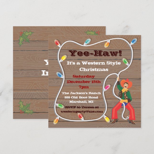 Invitaciones del partido de Navidades Cowboy Lasso (Anverso / Reverso)