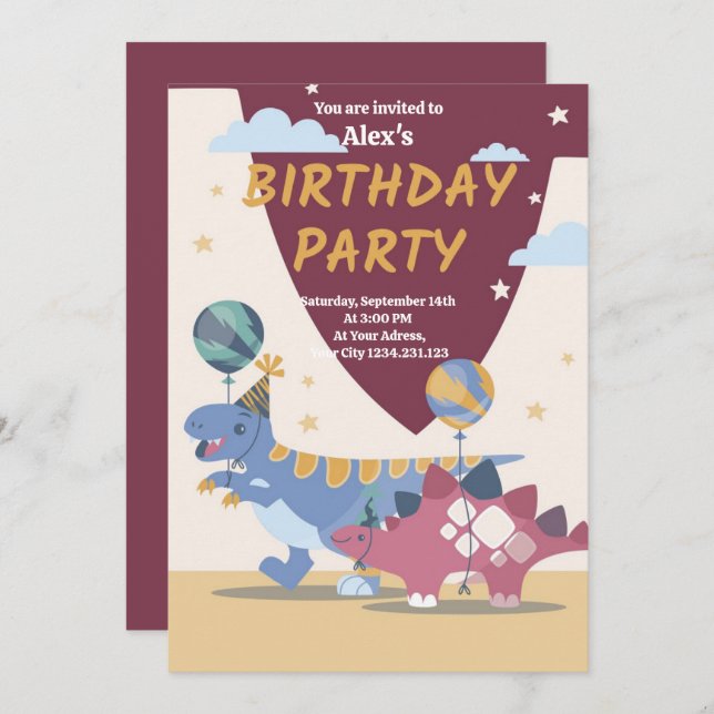 Invitaciones del Partido Dino Roar: Diversión, gui (Anverso / Reverso)