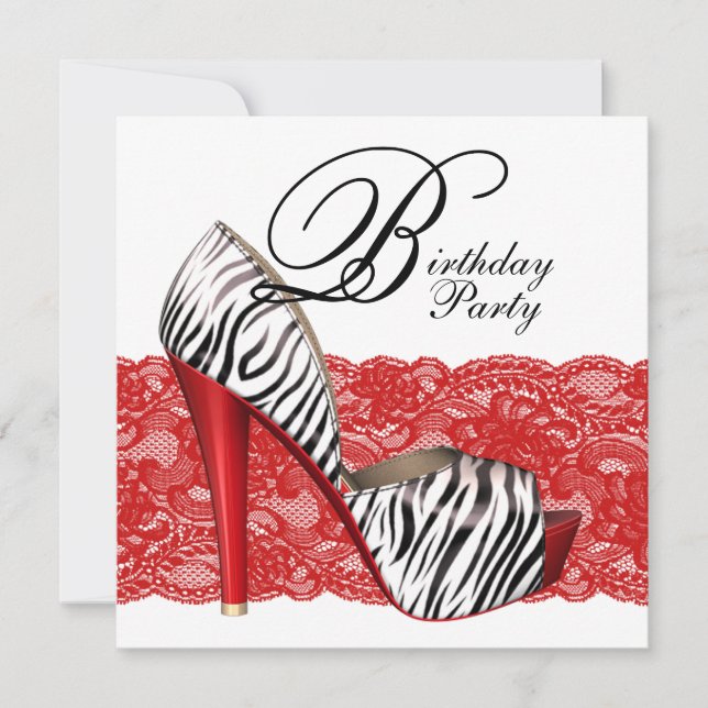 Invitaciones del partido High Heel Shoes Red Zebra (Anverso)