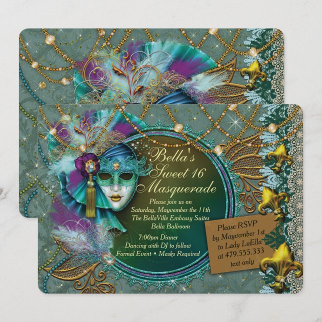 Invitaciones del partido Masquerade Mardi Gras (Anverso / Reverso)
