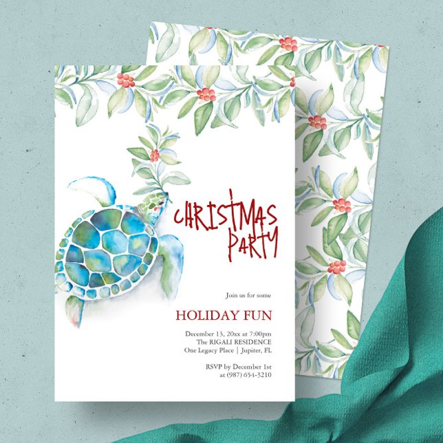 Invitaciones del partido Navidades de playa (Beach Christmas invitation watercolor sea turtle art by Victoria Grigaliunas of Do Tell A Belle)