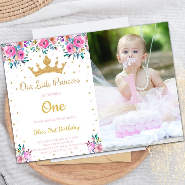 Invitaciones del Partido Real del personalizable a (Photo Crown Glitter Princess Birthday Invitations)