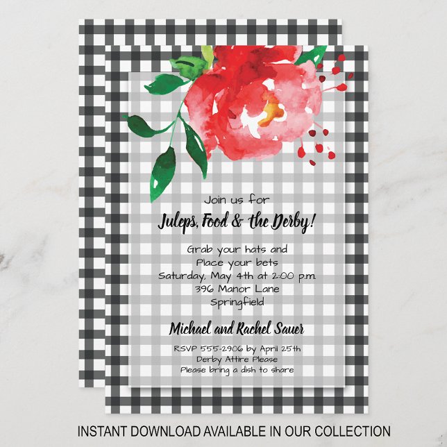 Invitaciones del partido Red Rose Black Gingham De (INSTANT DOWNLOAD available in our collection to send your invitations digitally.)