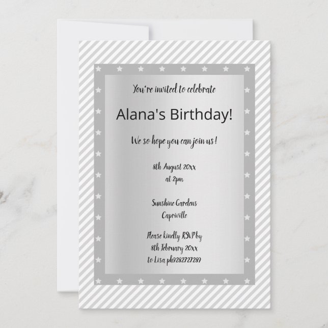 Invitaciones del partido Silver Gray STRIPE STAR (Anverso)