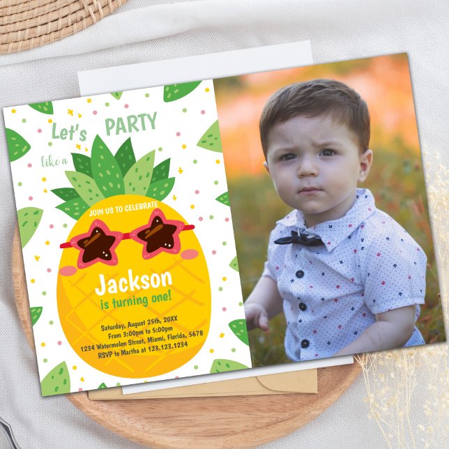 Invitaciones del Partido Tropical personalizable a (Orange Pineapple Birthday Invitations w photo)