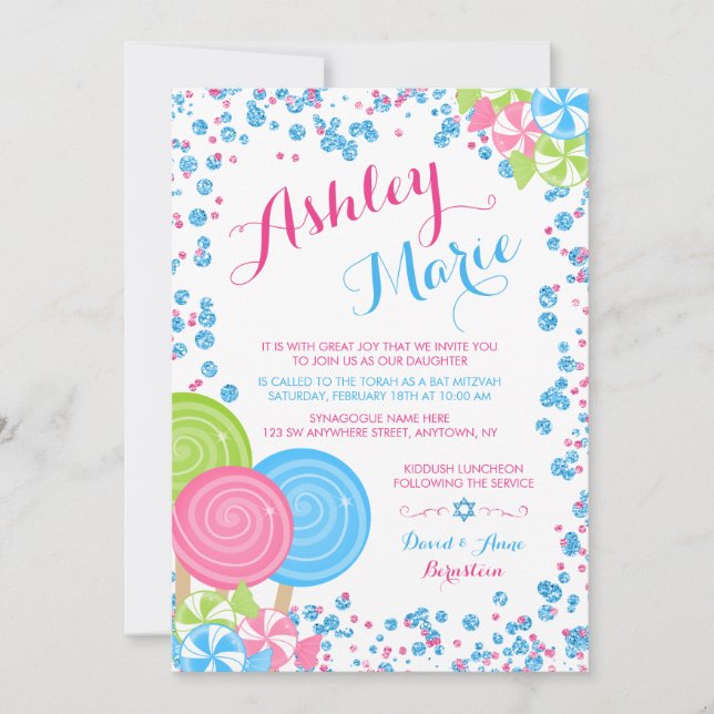 Invitaciones del Purpurina de Blue Faux Candy Bat  (Anverso)