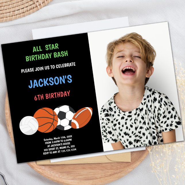 Invitaciones deportivas de cumpleaños verdes con f (Green Birthday Sports Invitations with photo)