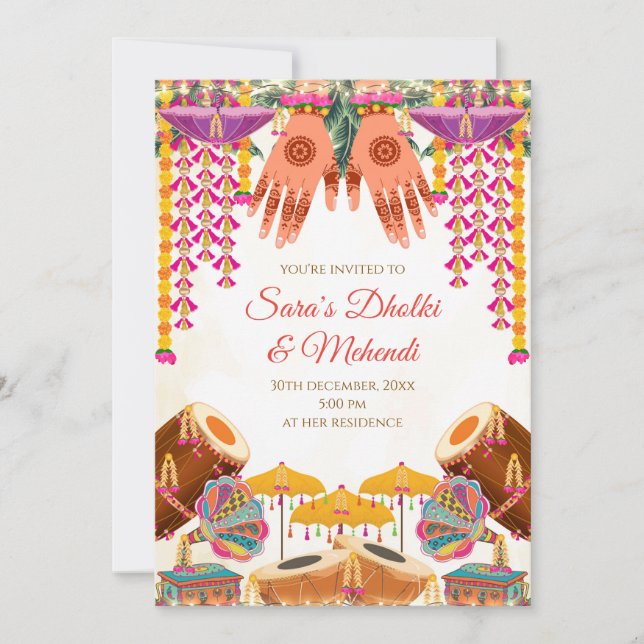 Invitaciones Dholki Invitación digital de Mehndi,  (Anverso)