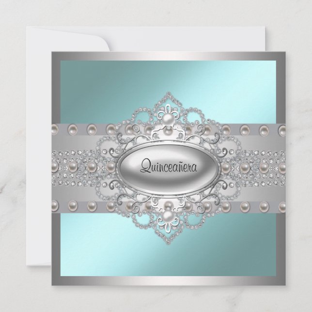 Invitaciones Diamantes Perlas Azul Turquesa Quince (Anverso)