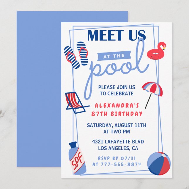 Invitaciones divertida fiesta de piscina 87 cumple (Anverso / Reverso)