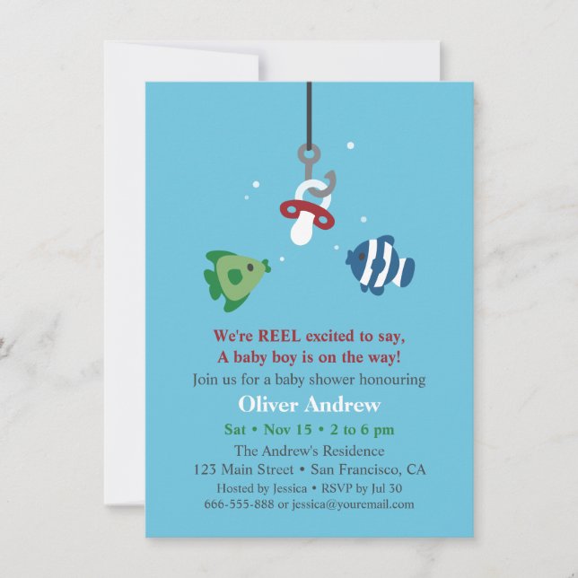 Invitaciones divertidas de Baby Shower a la pesca  (Anverso)