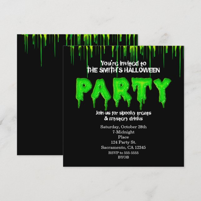 Invitaciones divertidas de Halloween con baba verd (Anverso / Reverso)