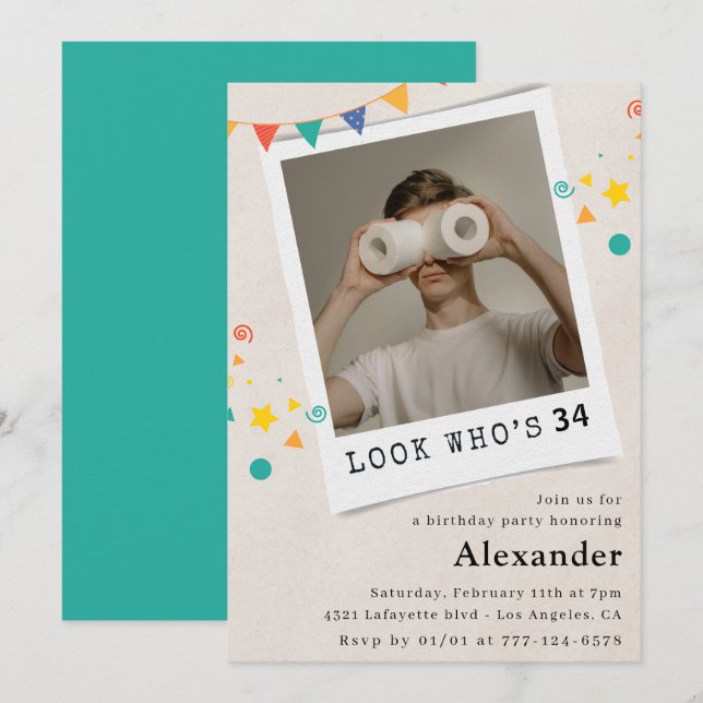 Invitaciones divertidas para cumpleaños 34 de homb (Anverso / Reverso)