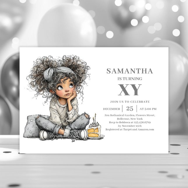 Invitaciones divertidas y caprichosas de cumpleaño (Whimsical Funny Girl Birthday Sketch Gold invitation)