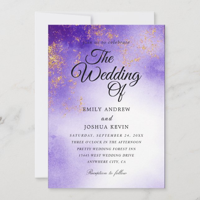 Invitaciones doradas a bodas en púrpura tirianas (Anverso)