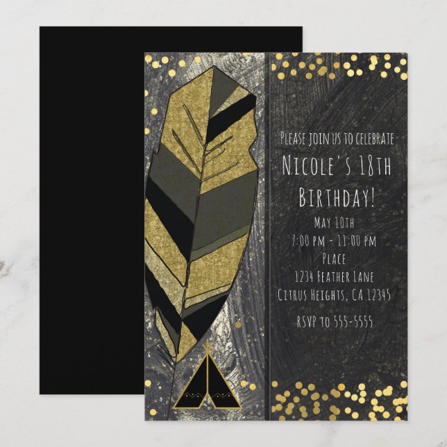 Invitaciones doradas negras con pluma y tipi dibuj (Anverso / Reverso)