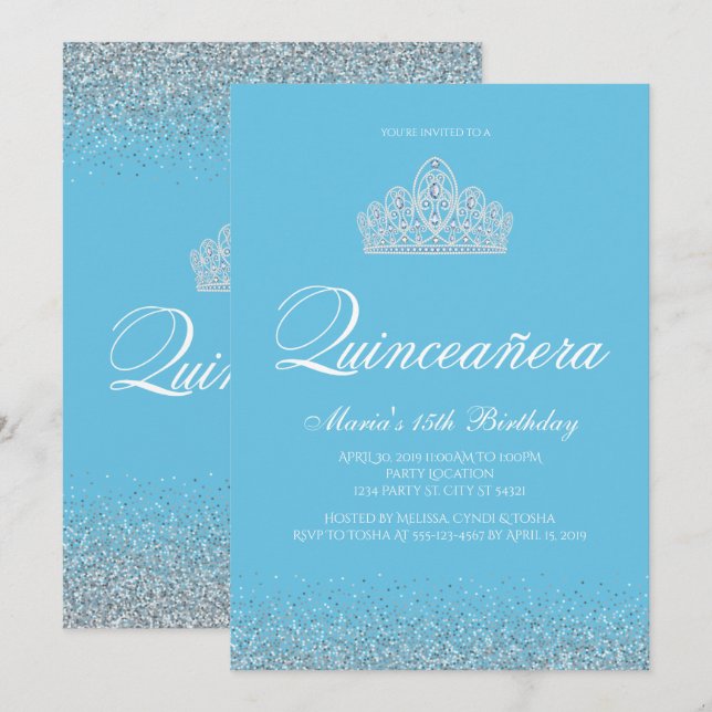 Invitaciones dulces 15, Quinceanera azul claro (Anverso / Reverso)