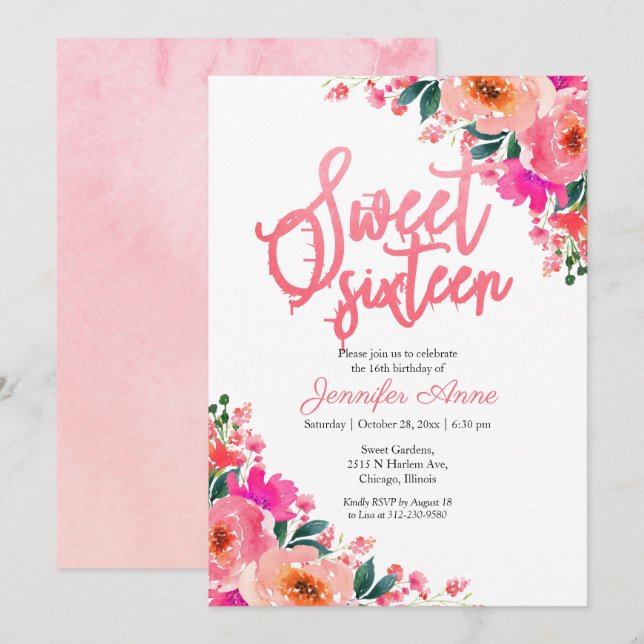 Invitaciones Dulces 16 Floral Rosa Brillante (Anverso / Reverso)