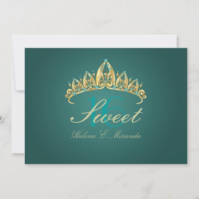 Invitaciones dulces 16/ tiara/verde verde azulado/ (Anverso)