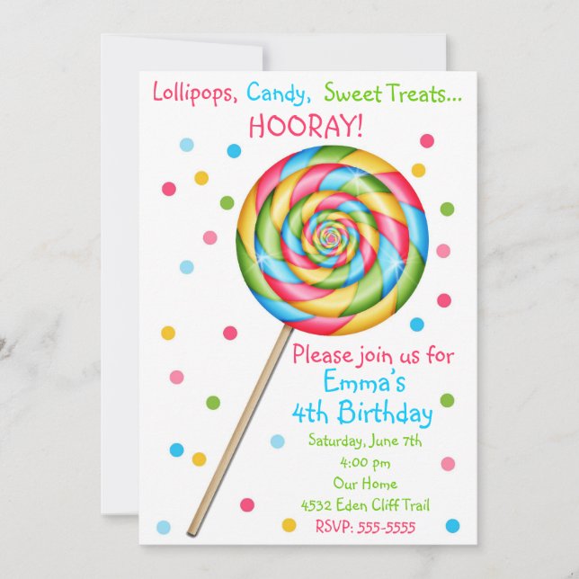 Invitaciones dulces del cumpleaños del Lollipop de (Anverso)