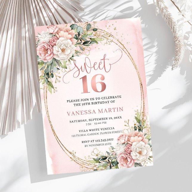 Invitaciones Dulces Dieciséis Florales Verde Polvo (Dusty Pink Floral Greenery Sweet Sixteen Invitation)
