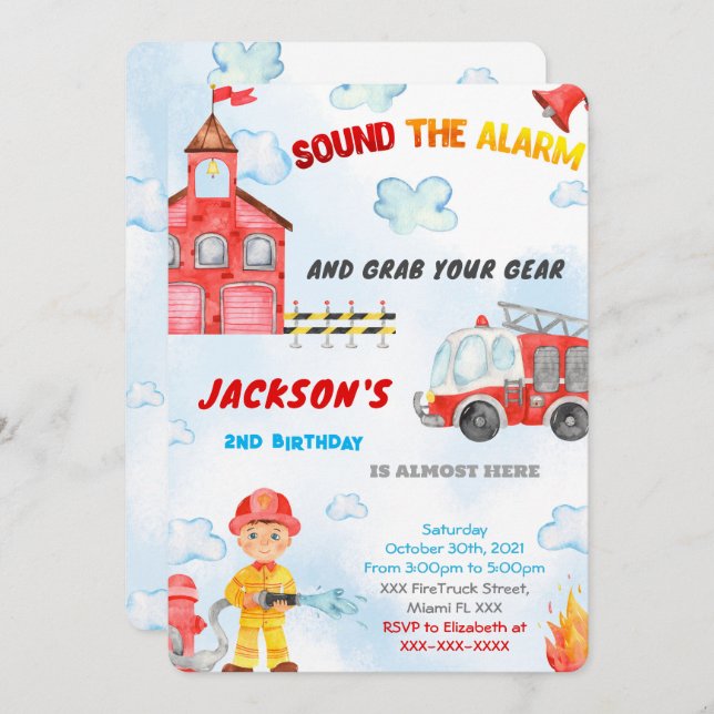 Invitaciones Editables de Camión de Bomberos (Anverso / Reverso)