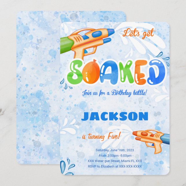 Invitaciones editables de pistola de agua (Anverso / Reverso)