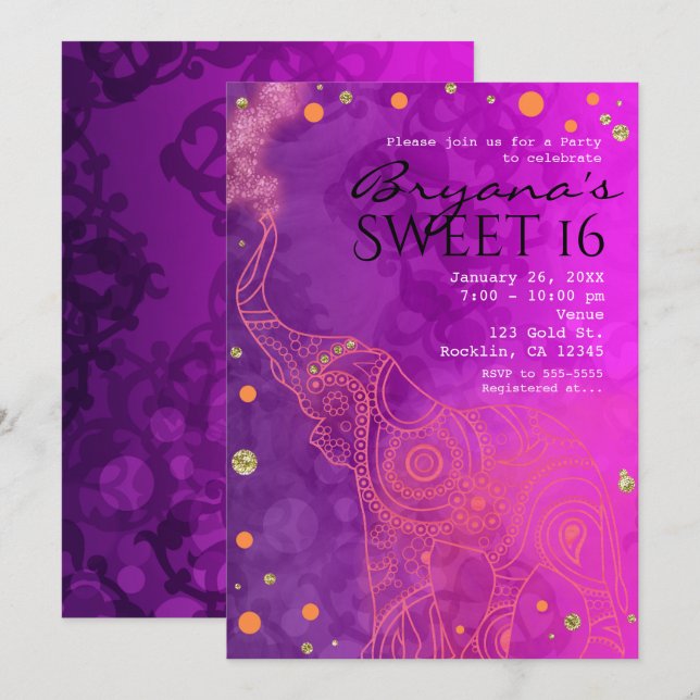 Invitaciones Elefante Morado Rosa Naranja y Dorado (Anverso / Reverso)