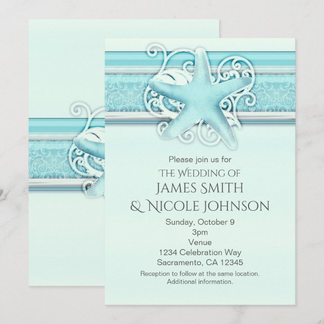 Invitaciones Elegantes con Estrella de Mar Azul co (Anverso / Reverso)