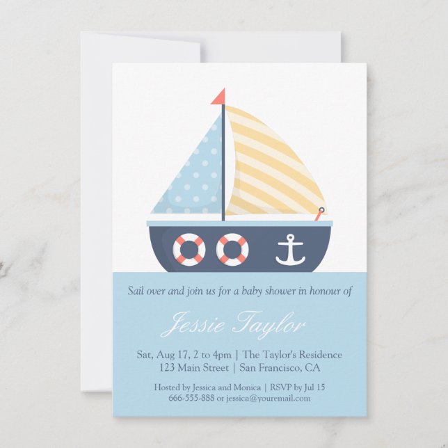 Invitaciones elegantes de barco de vela para baby  (Anverso)