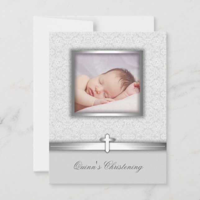 Invitaciones Elegantes de Bautizo con Foto en Blan (Anverso)