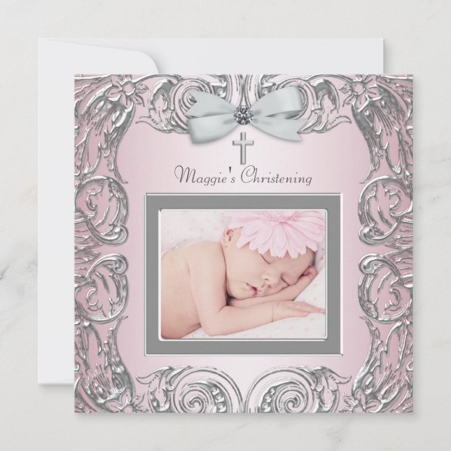 Invitaciones Elegantes de Bautizo en Rosa y Gris (Anverso)