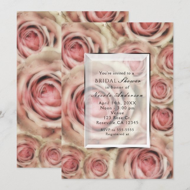 Invitaciones elegantes de bodas con rosas rosadas  (Anverso / Reverso)
