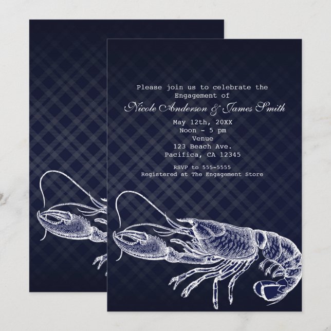 Invitaciones elegantes de color azul marino langos (Anverso / Reverso)