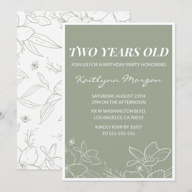 Invitaciones elegantes de cumpleaños 2º Floral Ver (Anverso / Reverso)