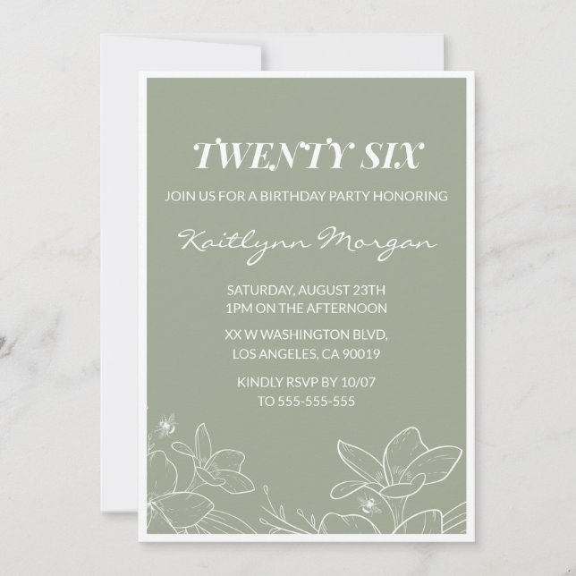Invitaciones elegantes de cumpleaños 26 Floral Ver (Anverso)