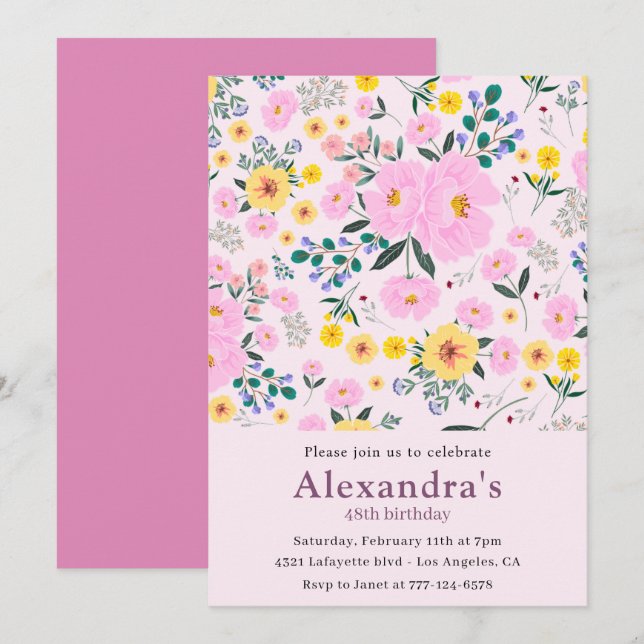 Invitaciones elegantes de cumpleaños 48 Floral Ros (Anverso / Reverso)