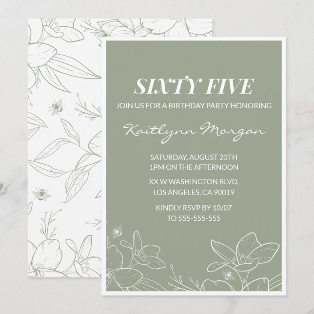 Invitaciones elegantes de cumpleaños 65 Floral Ver (Anverso / Reverso)