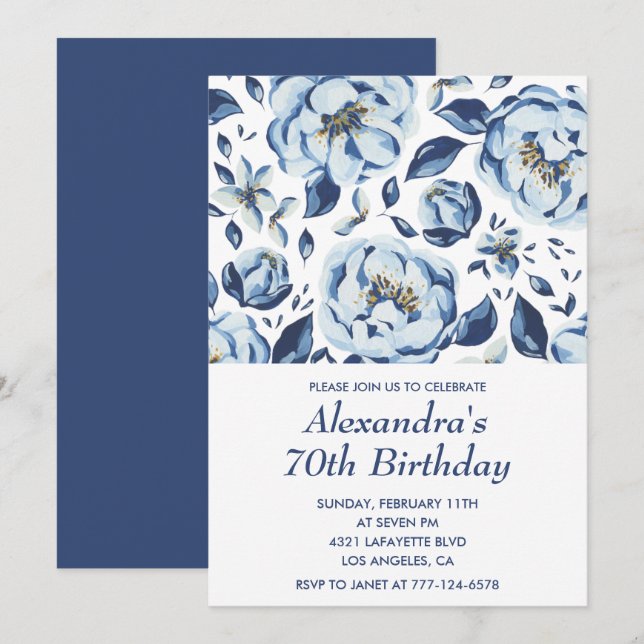 Invitaciones elegantes de cumpleaños 70 Floral Vin (Anverso / Reverso)