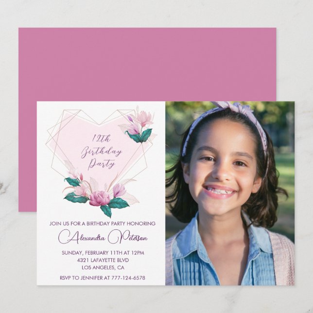 Invitaciones elegantes de cumpleaños número 12 Flo (Anverso / Reverso)