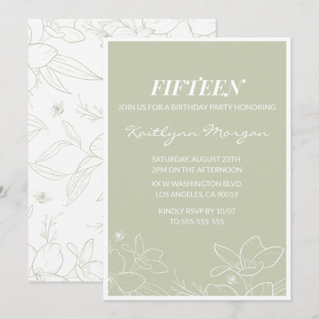 Invitaciones elegantes de cumpleaños número 15 Flo (Anverso / Reverso)